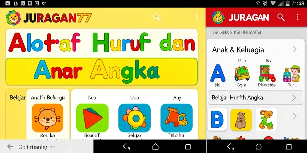 Antarmuka aplikasi JURAGAN77 untuk belajar huruf dan angka.