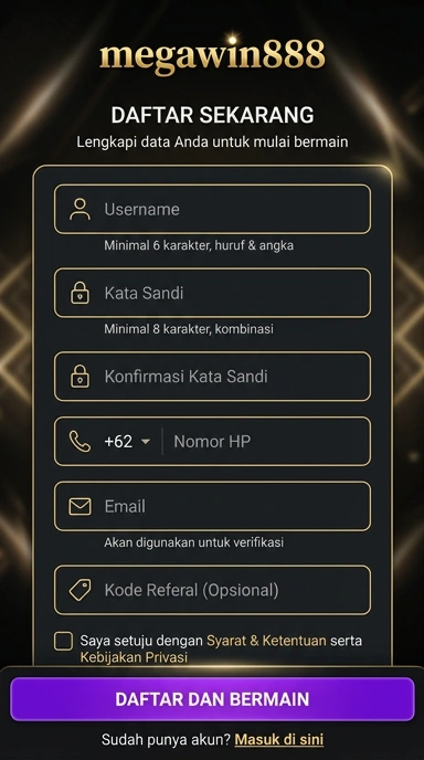 Tampilan halaman daftar megawin888